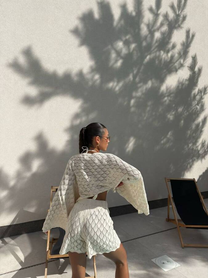 Легкий літній комплект. В'язаний костюм у молочному кольорі. Мод. 1544